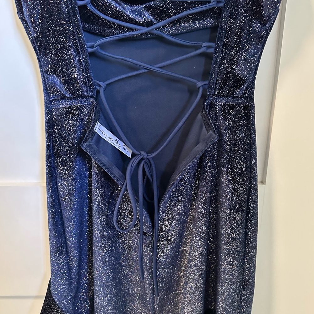 Lucy in the Sky Kailani Velvet Glitter Cowl Neck Mini Dress Navy Blue XXS - Picture 4 of 7